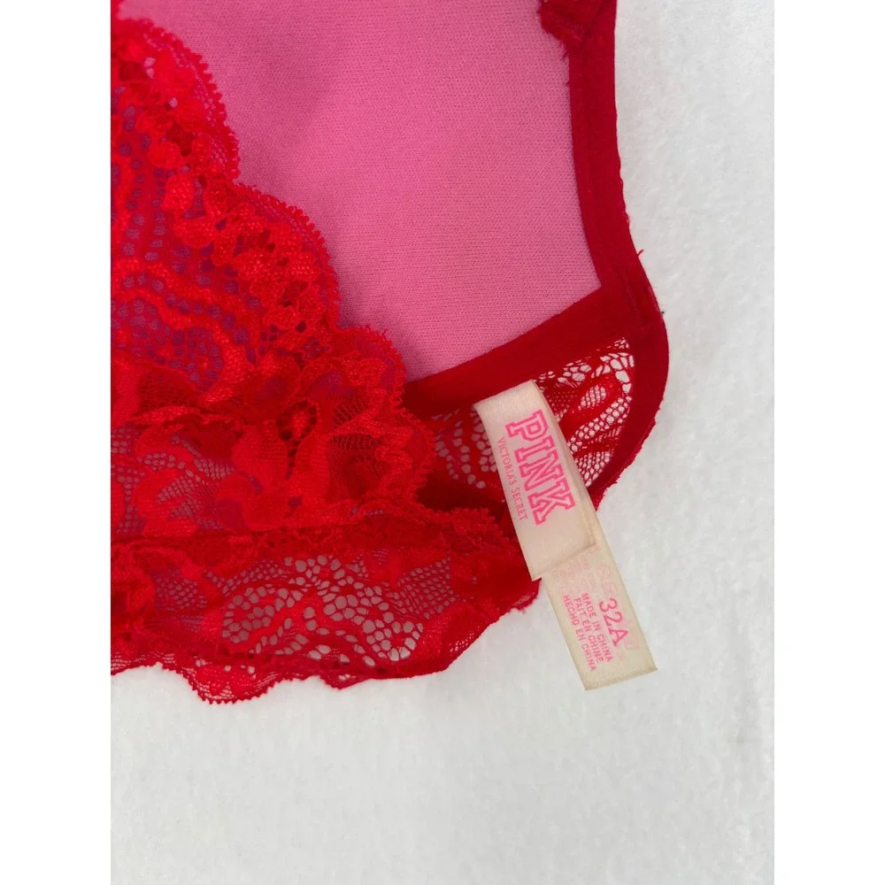 Victoria's Secret PINK Lace Push-Up Bra Womens 32A Red Racerback‎ Front Close